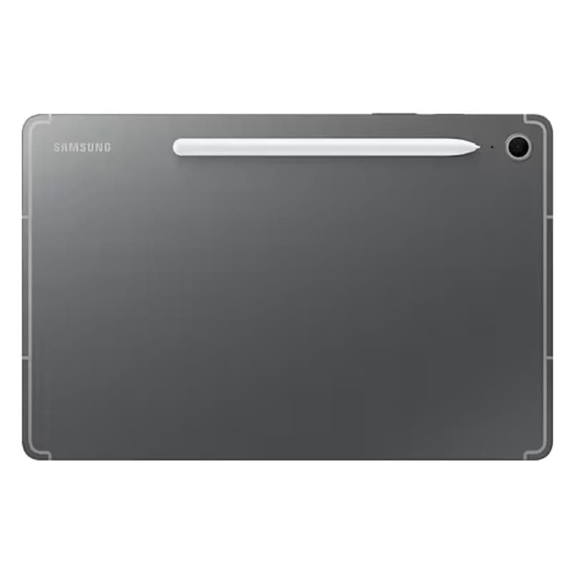 Trasera gris de Samsung Galaxy Tab S10 FE 10,9 con cámara única en esquina y S Pen magnético centrado; diseño metálico minimalista y bordes redondeados