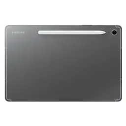 Trasera gris de Samsung Galaxy Tab S10 FE 10,9 con cámara única en esquina y S Pen magnético centrado; diseño metálico minimalista y bordes redondeados