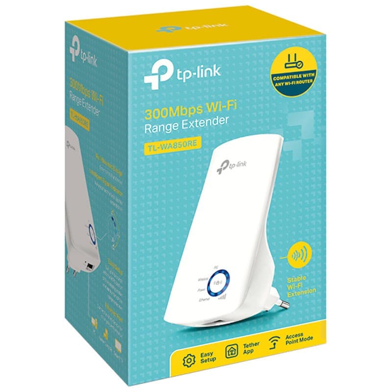 Caja del TP-LINK TL-WA850RE, extensor Wi‑Fi 300 Mbps, color blanco, enchufe integrado, botón WPS, iconos de funciones y compatibilidad destacada en el