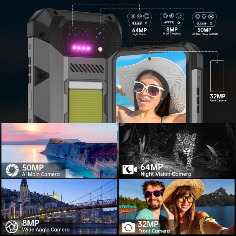 Unihertz 8849 Hike 12GB/512GB Rugged con cuerpo robusto, módulo trasero con LEDs y luz, cámaras 50MP AI, 64MP nocturna, 8MP gran angular y frontal 32MP