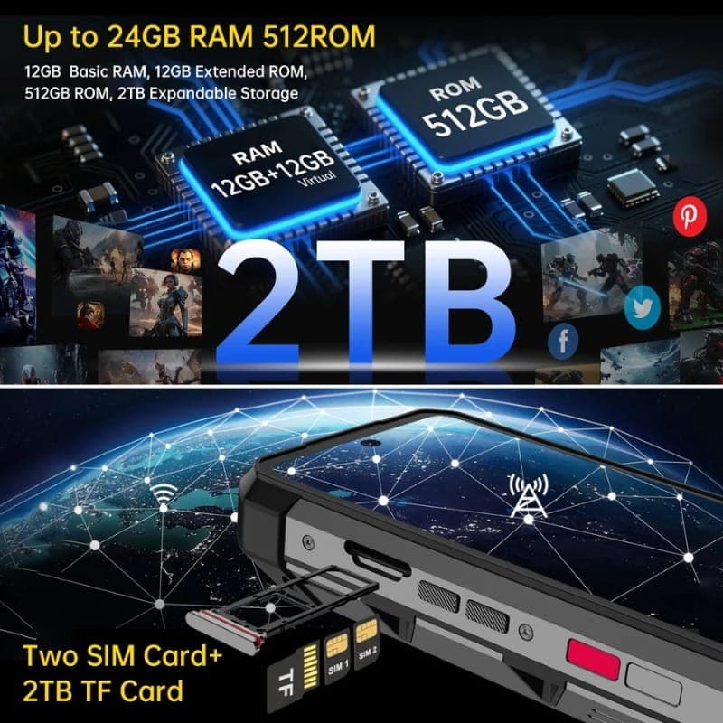 Unihertz 8849 Hike 12GB/512GB Rugged con 24GB RAM ampliada, 512GB ROM, expansión hasta 2TB, doble SIM y ranura TF; diseño robusto y conectividad potente