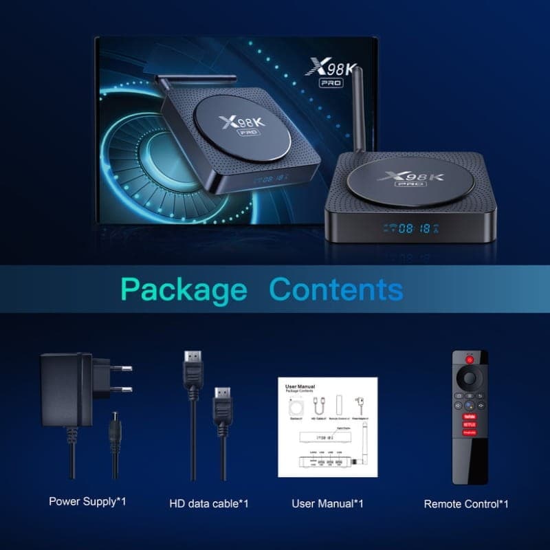 X98K Pro RK3566 4Go/32Go WiFi Android 11 - contenu de la boîte