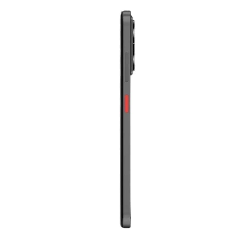 ZTE Blade V70 Vita 4GB/256GB Gris visto de perfil: cuerpo delgado negro, botón lateral rojo, módulo de cámara trasera prominente en la esquina superior