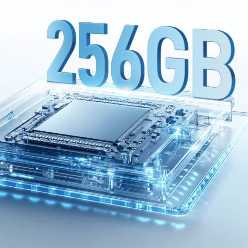 ZTE Blade V70 Vita 4GB/256GB Gris: módulo de memoria resaltando 256GB, chip sobre placa transparente con iluminación azul tecnológica