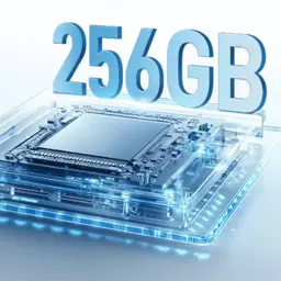 ZTE Blade V70 Vita 4GB/256GB Gris: módulo de memoria resaltando 256GB, chip sobre placa transparente con iluminación azul tecnológica
