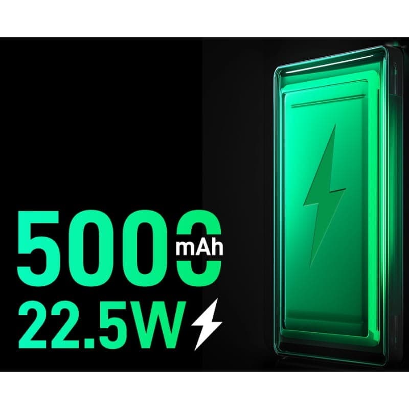 ZTE Blade V70 Vita 4GB/256GB Gris con batería 5000 mAh y carga rápida 22.5 W, icono de rayo verde destacando potencia y eficiencia energética