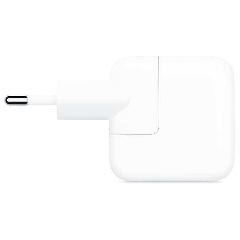 Adaptador de corriente Apple 12W USB en color blanco, diseño compacto cuadrado con clavija europea fija y puerto USB estándar para carga rápida de