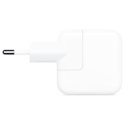 Adaptador de corriente Apple 12W USB en color blanco, diseño compacto cuadrado con clavija europea fija y puerto USB estándar para carga rápida de