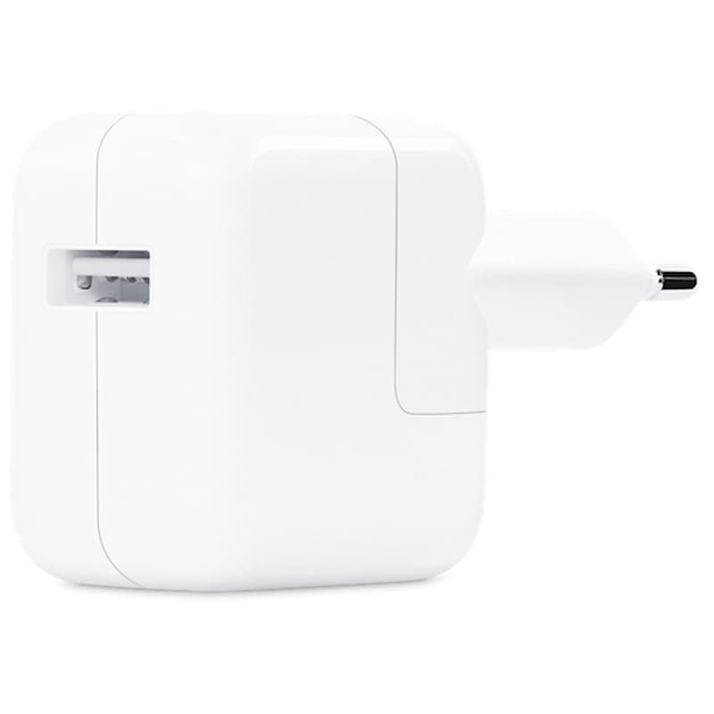 Adaptador de corriente Apple 12W USB en color blanco, diseño compacto con clavija europea y puerto USB lateral, acabado brillante y bordes redondeados