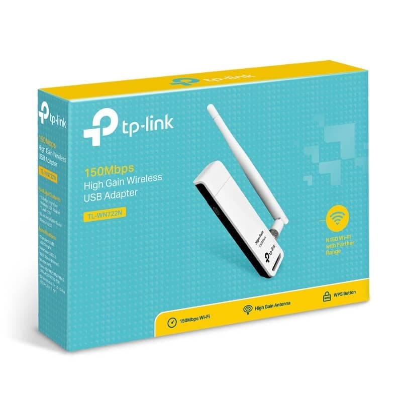 Adaptador USB TP-Link TL-WN722N 150Mbps branco com antena externa ajustável de alto ganho, corpo compacto preto e branco, ícones de WPS e Wi-Fi na caixa.