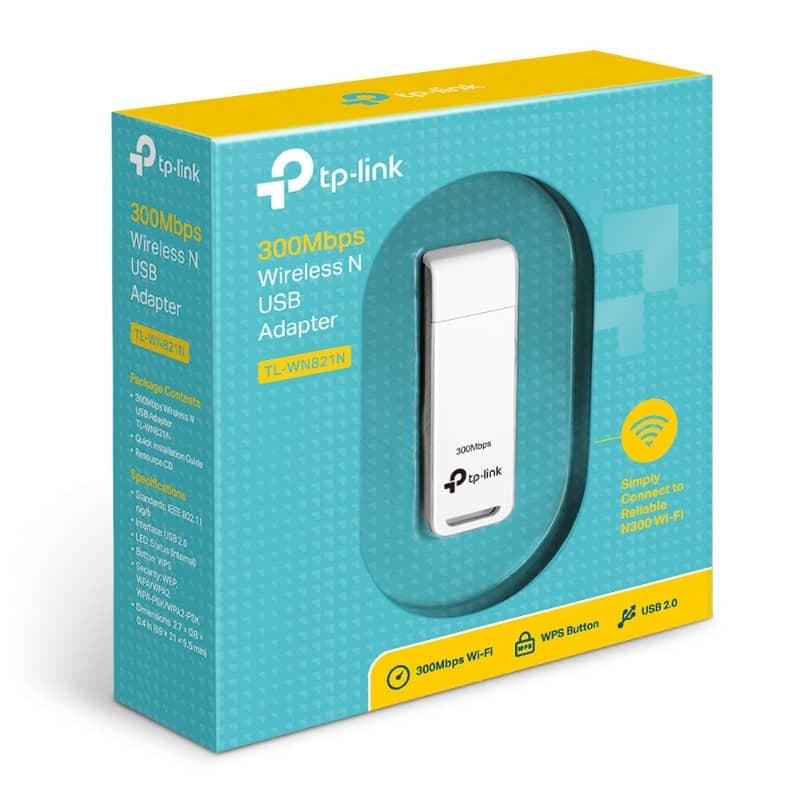 TP-Link TL-WN821N adaptador USB Wi‑Fi N 300Mbps, cor branca, design compacto, botão WPS, interface USB 2.0, mostrado em caixa azul com detalhes verdes
