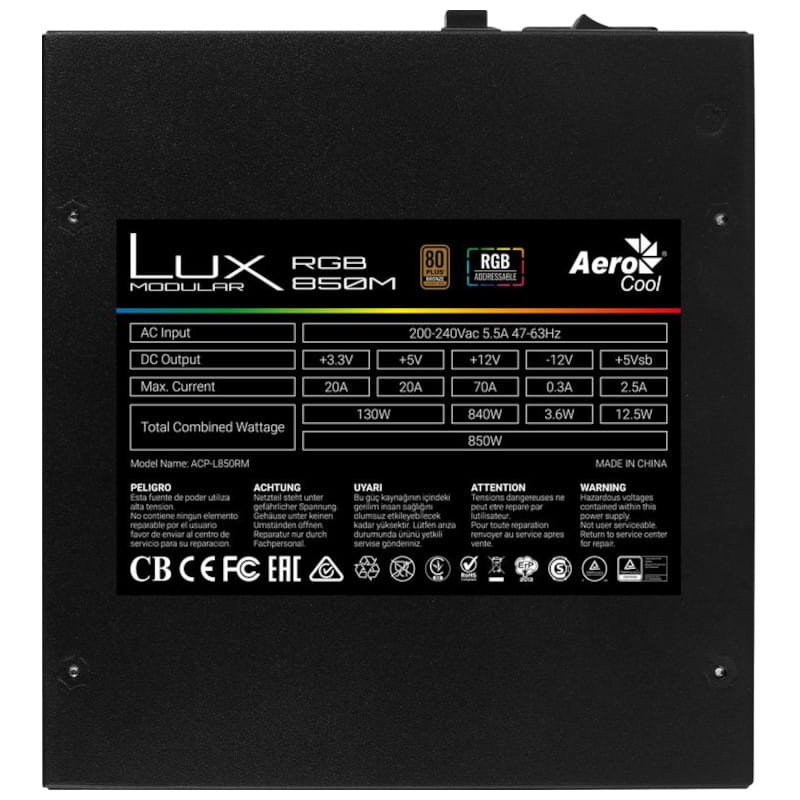 Fonte de alimentação Aerocool LUXRGB850M Modular RGB 850W 80Plus Bronze Preto - Item5