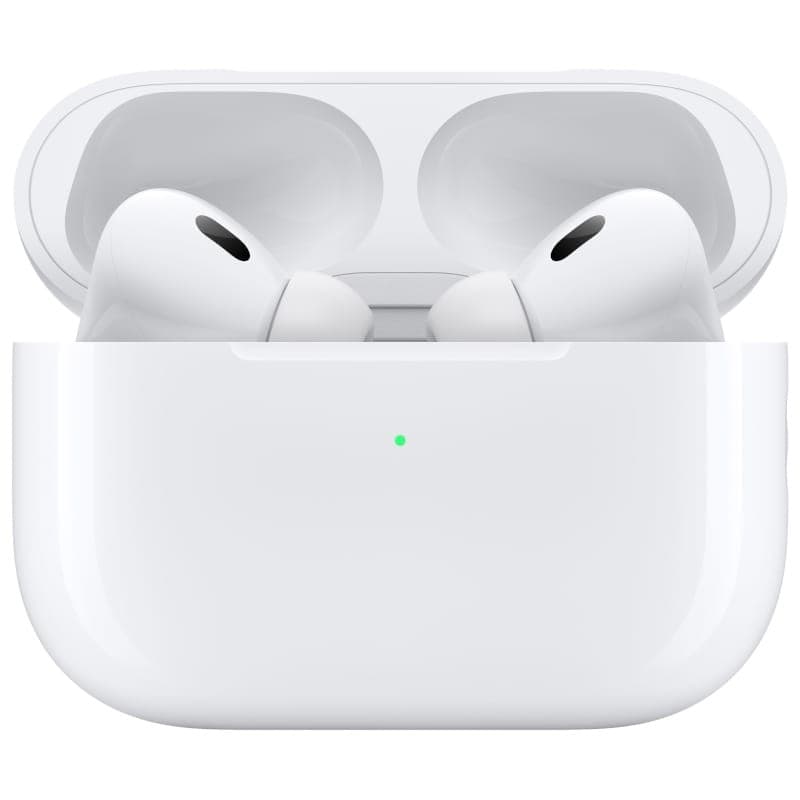 Estuche de carga blanco abierto con Apple AirPods Pro 2 en su interior; diseño compacto, acabado brillante y luz LED verde frontal indicando estado