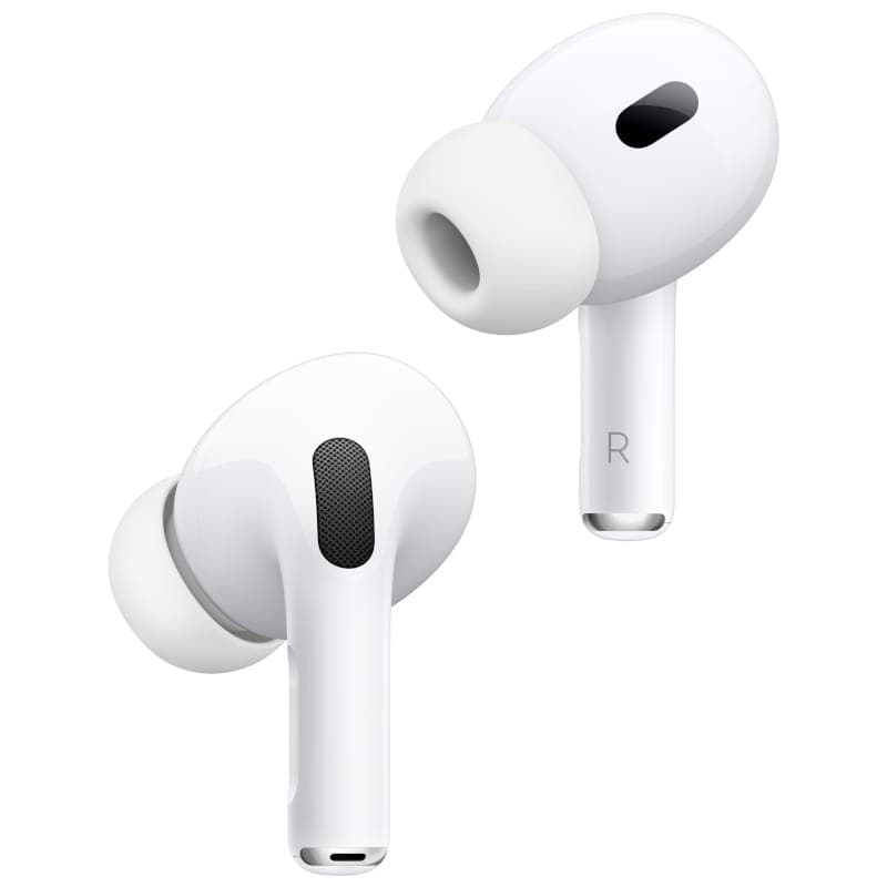 Apple AirPods Pro 2 blancos, auriculares intraurales con puntas de silicona, rejilla negra en cada copa y tallo corto brillante. Clase A reacondicionado.