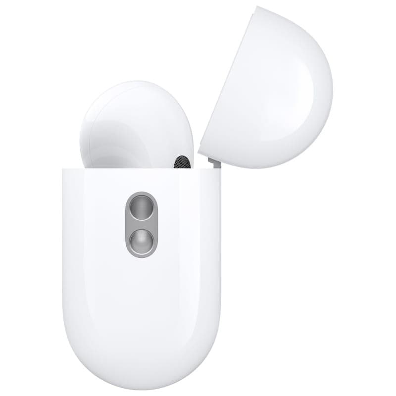 Estuche blanco abierto con auricular Apple AirPods Pro 2. Acabado brillante, rejilla de micrófono visible y dos indicadores circulares frontales.