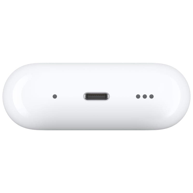 Estuche de carga blanco para Apple AirPods Pro 2, acabado brillante, puerto USB-C centrado y tres LEDs laterales indicadores. Clase A reacondicionado.