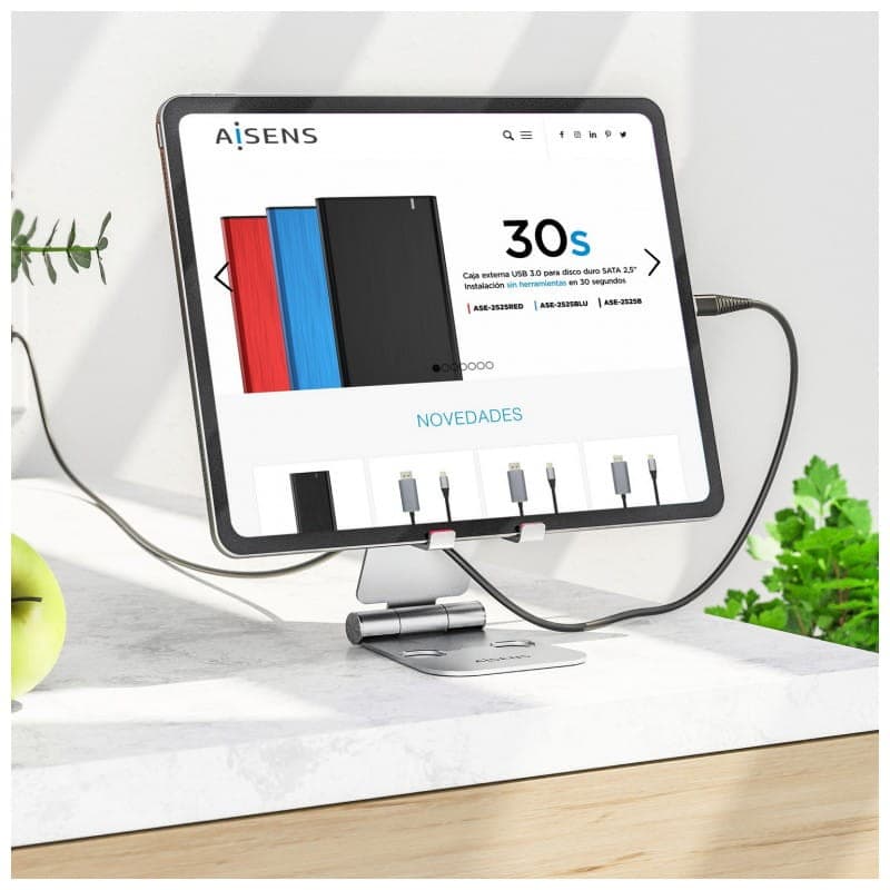 Aisens até 11 polegadas Prata - Suporte para Tablet/Smartphone, Projetado para passar por um cabo de carregamento,