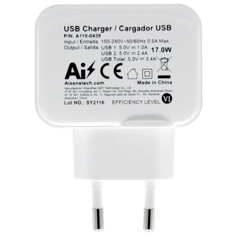 Cargador Aisens USB 17W 5V/3.4A Doble USB Blanco - Ítem1