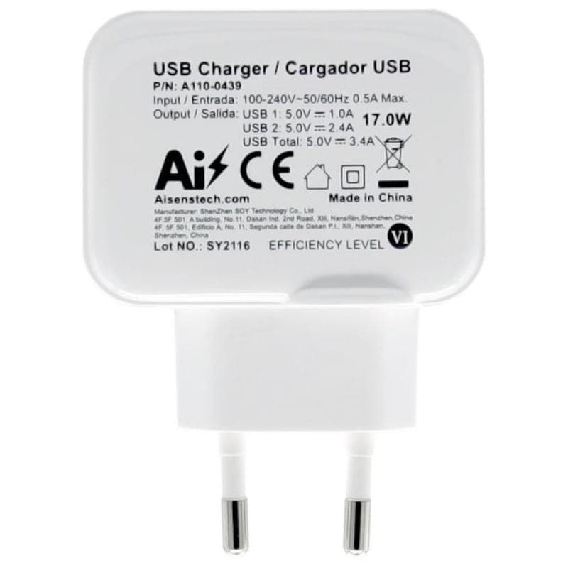 Carregador Aisens USB 17W 5V/3.4A Duplo USB Branco - Traseira