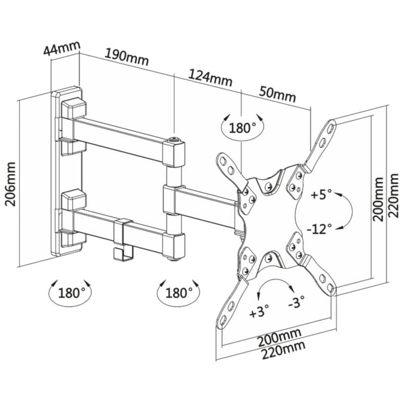 Aisens WT42TSLE-011 meuble TV rotatif et inclinable 42 VESA 200x200mm Noir Dimensions