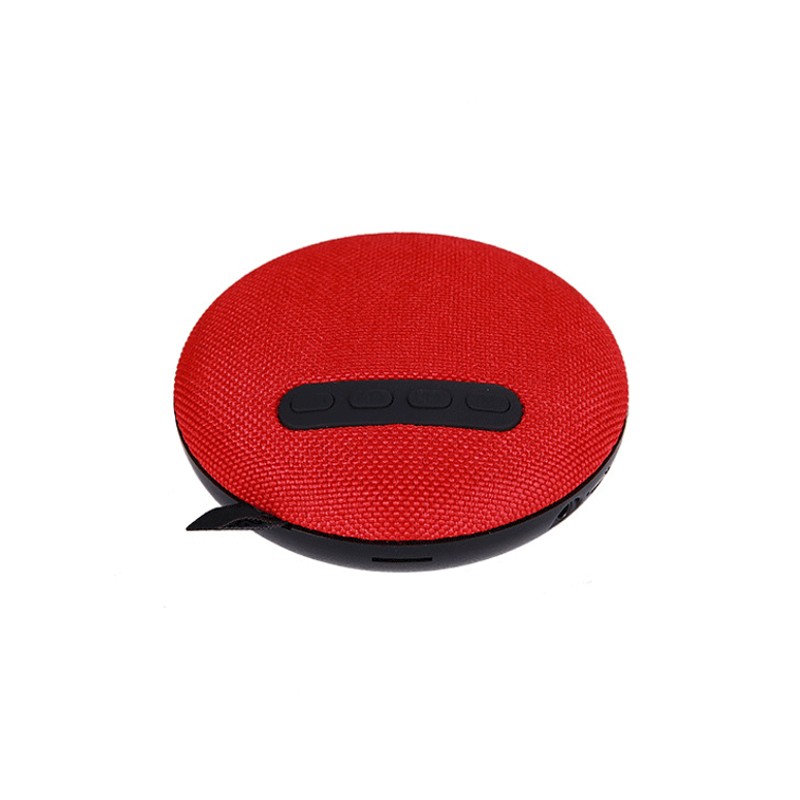 Altavoz Bluetooth Mini - altavoz bluetooth de color rojo; zona de botones de reproducción (bluetooth 4.2, lector micro sd, entrada audio universal 3.5 mm, manos libres, textura de tela)