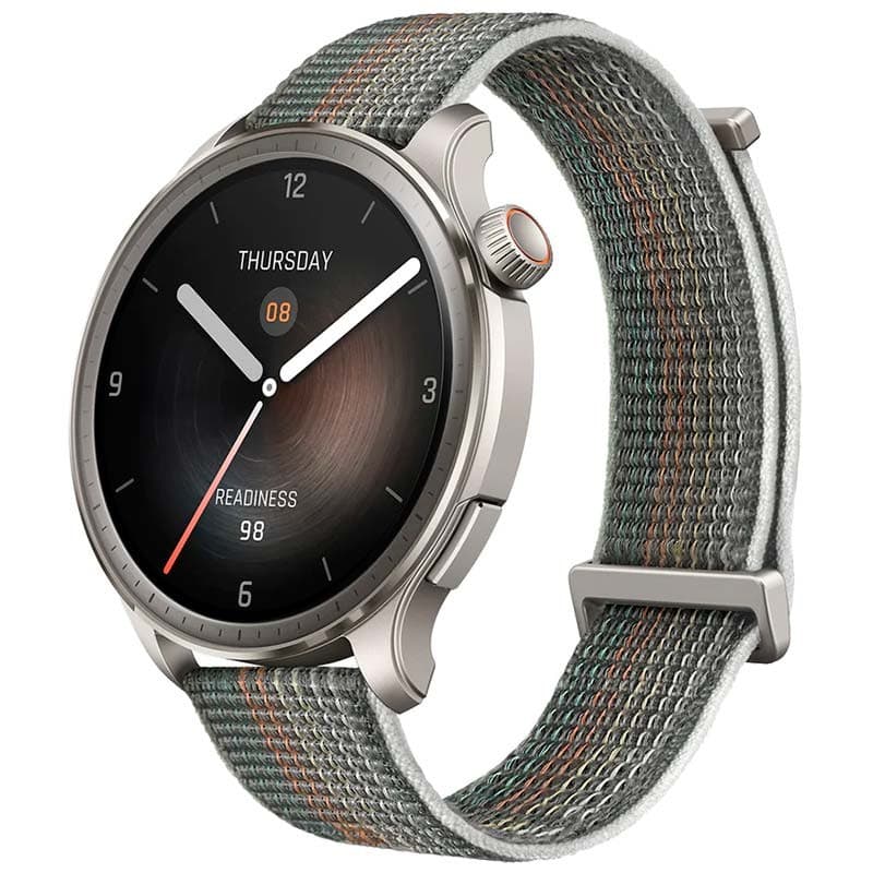 Amazfit Balance cinzento com ecrã AMOLED 1,5, caixa metálica prateada e coroa lateral, mostrador preto minimalista, bracelete têxtil cinza com listras verdes