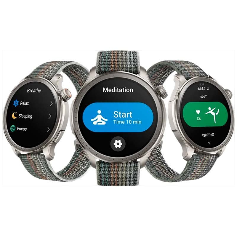 Amazfit Balance cinzento com ecrã AMOLED 1,5 pol, caixa metálica prateada, mostradores de meditação e treino, bracelete têxtil cinza com fecho clássico