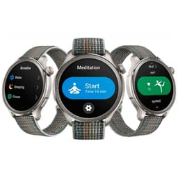 Amazfit Balance cinzento com ecrã AMOLED 1,5 pol, caixa metálica prateada, mostradores de meditação e treino, bracelete têxtil cinza com fecho clássico