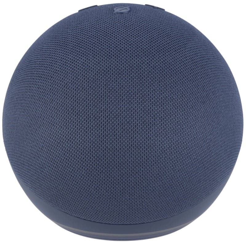 Amazon Echo Dot 5. Gen Blue Alexa haut-parleur bleu sphérique, maille fine, boutons supérieurs discrets, anneau lumineux inférieur, design compact élégant