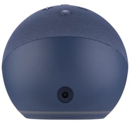 Amazon Echo Dot 5. Gen Blue Alexa, enceinte sphérique bleue, vue arrière. Grille textile, bouton supérieur, port d’alimentation circulaire, base