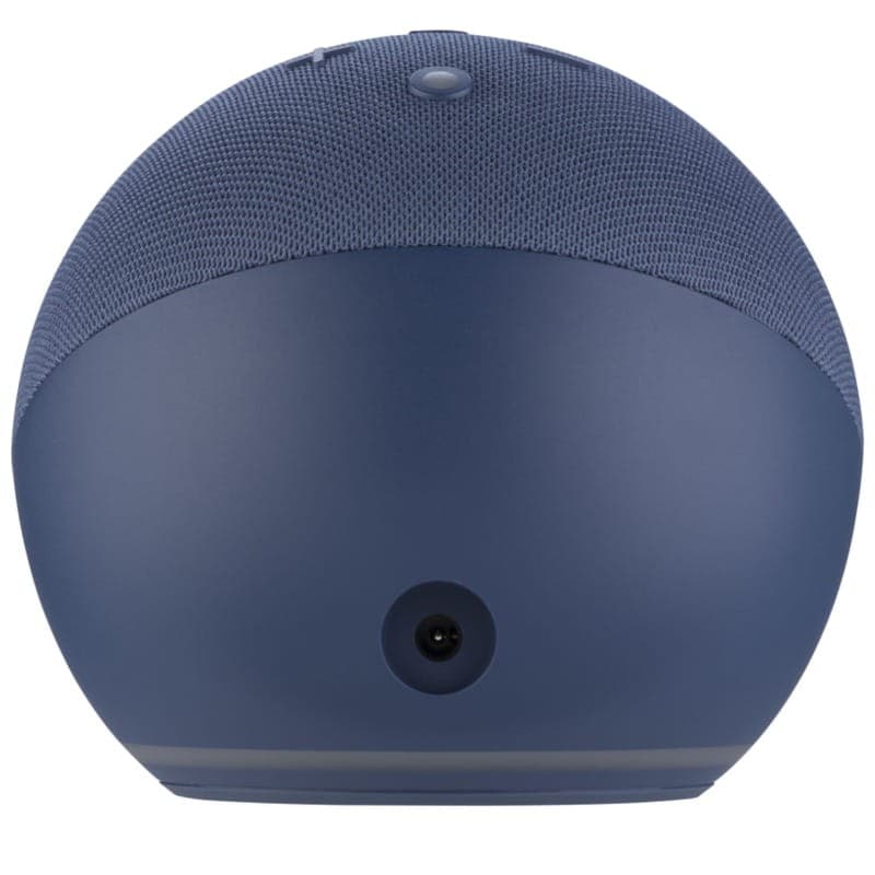 Amazon Echo Dot 5. Gen Azul Alexa, esfera compacta azul con malla textil superior, botón central y puerto de alimentación trasero, base antideslizante