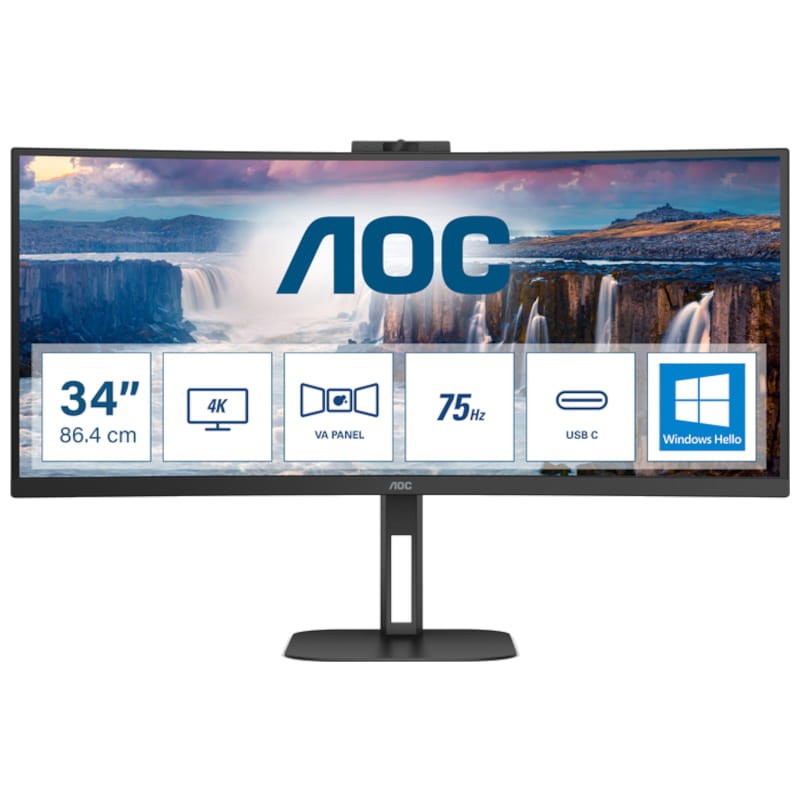 AOC V5 CU34V5CW 34 WQHD VA UltraWide Curvo 100 Hz FreeSync Webcam Preto - Monitor de PC - Item