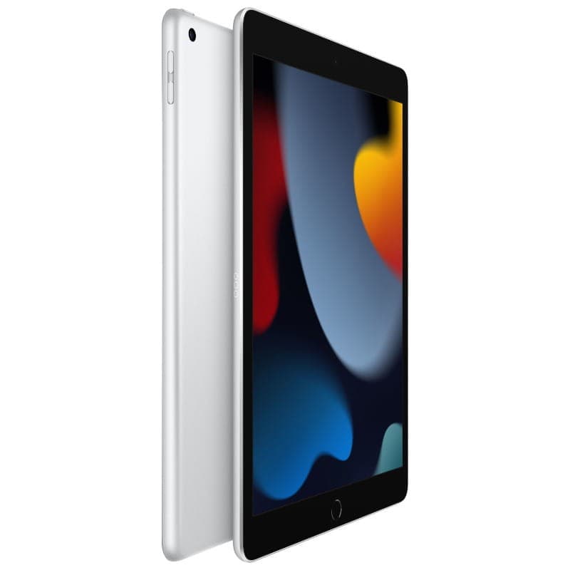 Tablette argent 10,2 pouces avec écran bord fin, bouton Touch ID frontal, caméra arrière discrète, bords arrondis et finition aluminium élégante WiFi 64