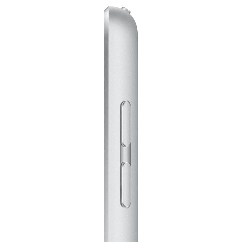 Profil latéral iPad 10,2 pouces argent avec boutons volume et châssis fin en aluminium, finition Premium Renewed WiFi 64 Go, bords arrondis élégants