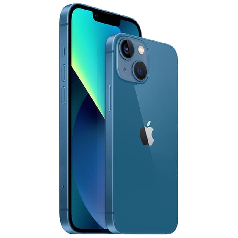 iPhone 13 256GB Azul Renovado Estado Excelente con acabado brillante, bordes planos, doble cámara trasera y pantalla sin biseles con notch discretamente