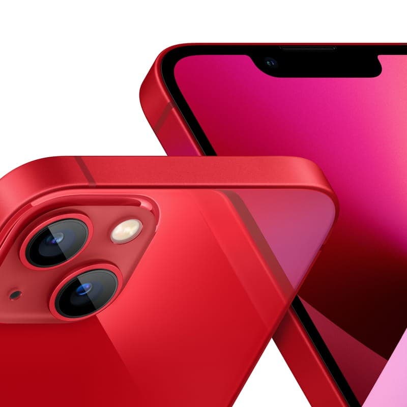 iPhone 13 mini 128GB PRODUCT RED renovado em excelente condição, corpo vermelho em alumínio, tela Super Retina borda a borda, módulo duplo de câmeras