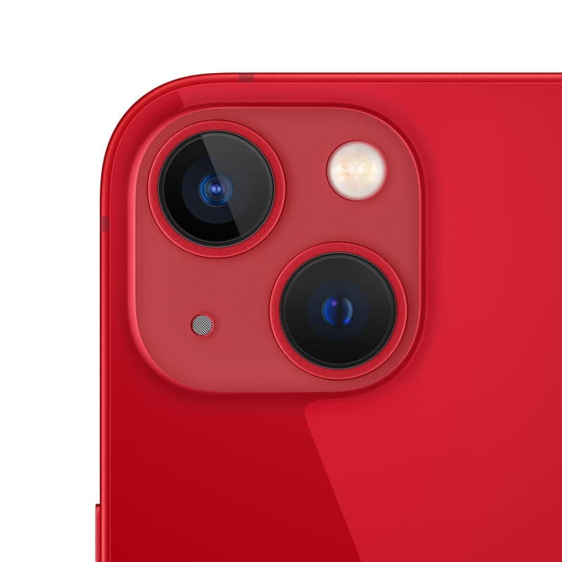 Módulo de câmera traseira do iPhone 13 mini vermelho com duas lentes grandes, flash duplo e microfone; acabamento PRODUCT RED em condição excelente
