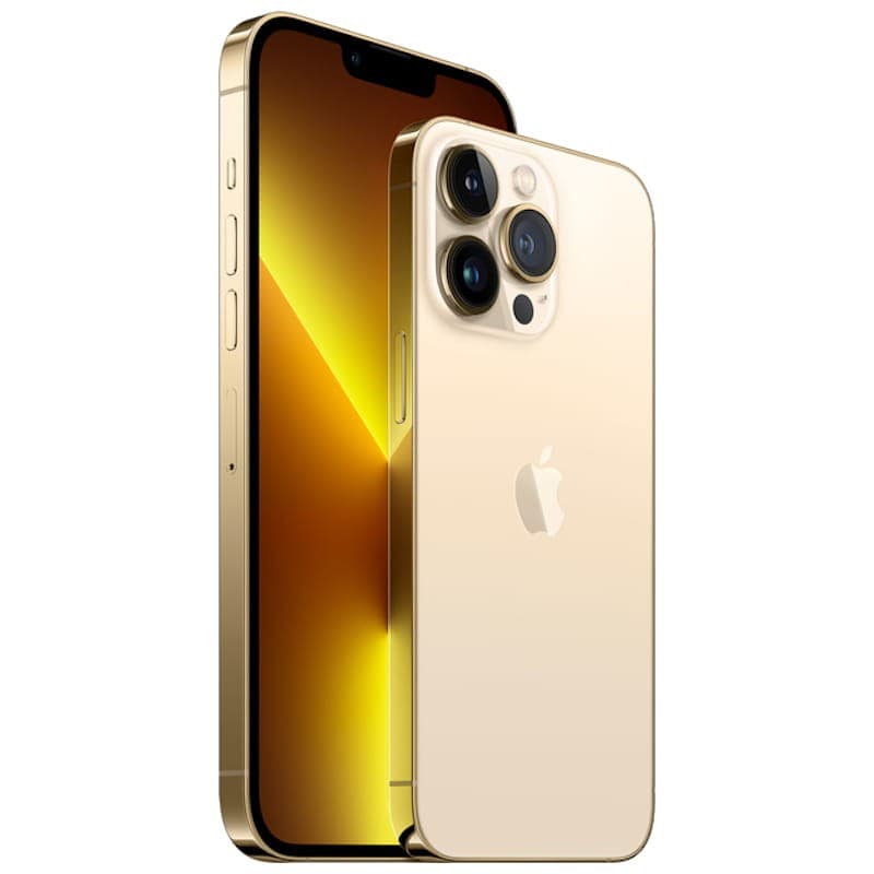 iPhone 13 Pro Max dourado renovado, 128GB, bordas retas, tela grande com notch, módulo triplo de câmeras com LiDAR, acabamento brilhante em tom ouro