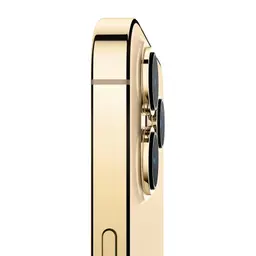 iPhone 13 Pro Max 128GB Dourado Renovado em condição excelente, bordas planas em alumínio dourado e módulo de câmera tripla saliente com lentes grandes