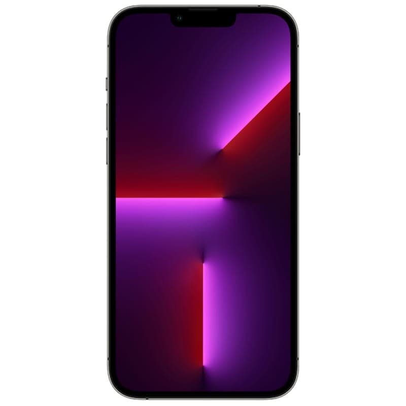 iPhone 13 Pro Max grafite renovado 256GB em condição excelente, tela grande sem bordas com notch superior e wallpaper roxo com luzes em neon