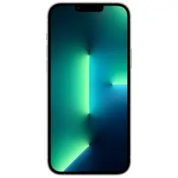iPhone 13 Pro Max 256GB prateado renovado, tela grande OLED com notch, bordas em aço inox brilhante e frente com wallpaper em tons de verde e azul