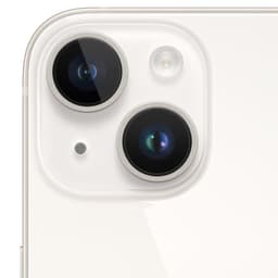 Módulo de cámaras del iPhone 14 Blanco Estrella: doble lente trasera con anillos metálicos, flash LED y micrófono, acabado brillante en estado excelente.