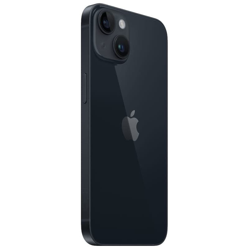 iPhone 14 128GB color Medianoche, renovado en buen estado; acabado brillante, bordes planos, doble cámara trasera con lentes diagonales y logo Apple centrado.