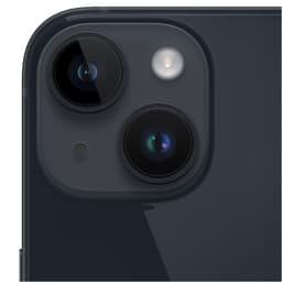 Double appareil photo arrière noir Minuit avec flash et micro; lentilles grand angle proéminentes, finition lisse, coin supérieur de l’iPhone 14.