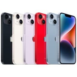 iPhone 14 128Go Minuit reconditionné, bon état: écran bord à bord, double appareil photo arrière, couleurs variées (noir, blanc, rouge, violet, bleu).