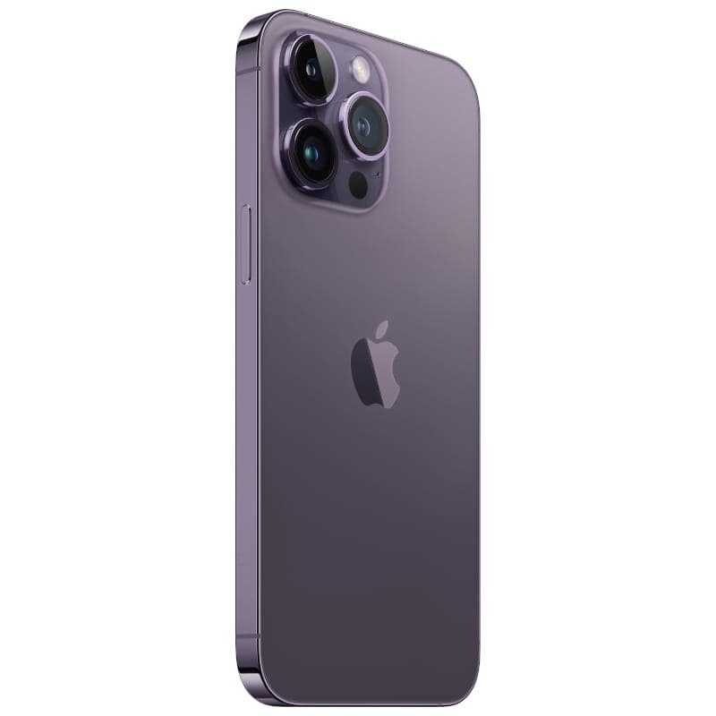 iPhone 14 Pro Max morado oscuro, acabado premium, triple cámara trasera grande, bordes planos de aluminio, logo Apple centrado. Renovado, 256GB.