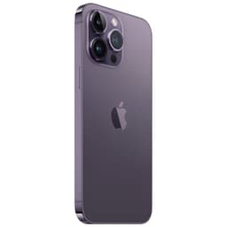 iPhone 14 Pro Max morado oscuro, acabado premium, triple cámara trasera grande, bordes planos de aluminio, logo Apple centrado. Renovado, 256GB.