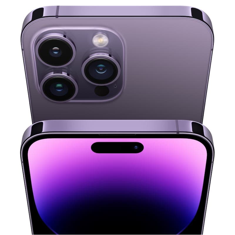iPhone 14 Pro Max violet intense, 128 Go, reconditionné excellent: triple capteur pro, bords brillants, écran OLED avec Dynamic Island gradient violet.