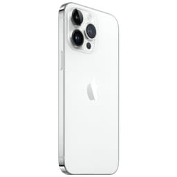 iPhone 14 Pro Max prateado renovado, 128 GB. Traseira branca com logo Apple, módulo triplo de câmeras grandes e bordas em aço inox brilhante. Condição