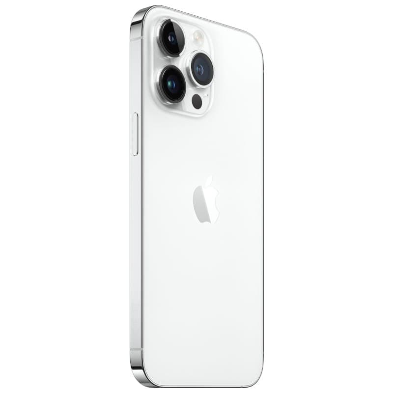 Dos d’iPhone 14 Pro Max argent, finition brillante, triple module photo pro saillant, bordures acier inox poli, logo Apple centré. Renewed excellent état.